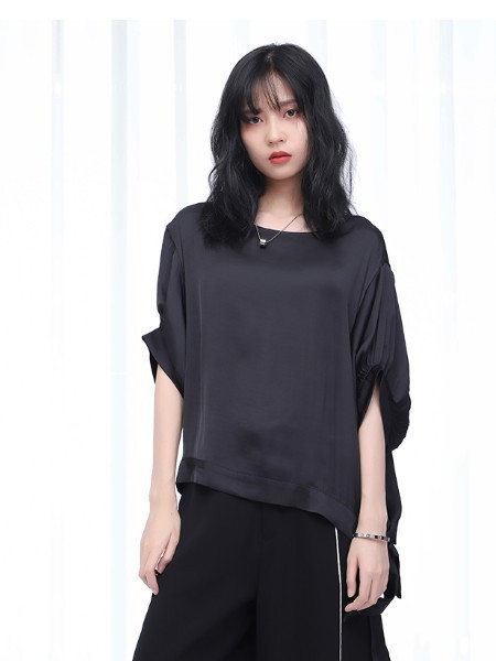 纳兰羽女装2022春夏季黑色宽松雪纺衫