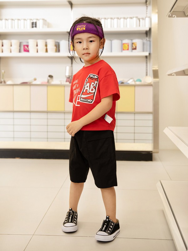 宝贝巴迪童装2022春夏季红色印花T恤