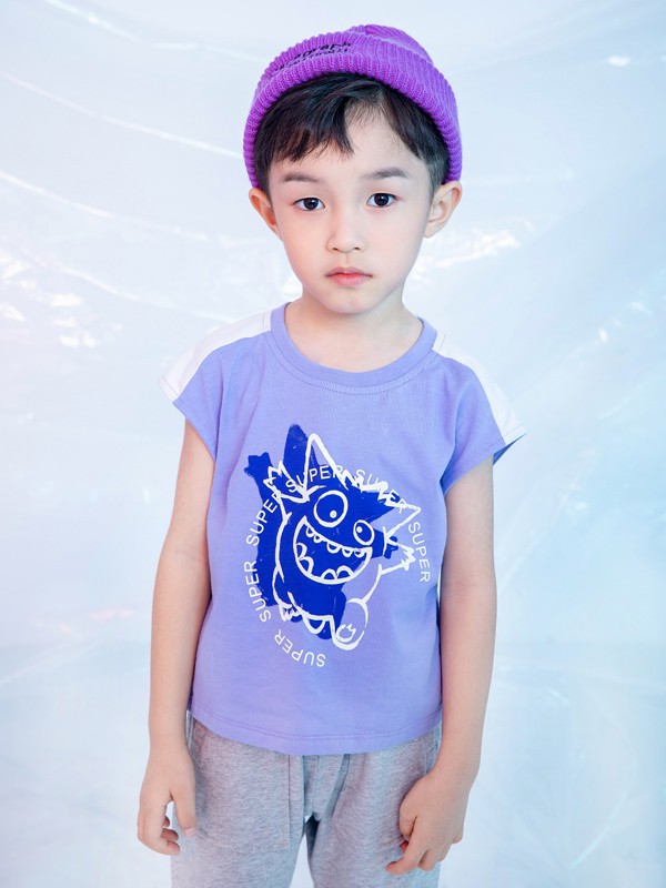 宝贝巴迪童装2022春夏季紫色印花T恤