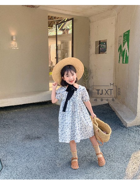 半糖小记童装2022春夏季蓝色印花连衣裙