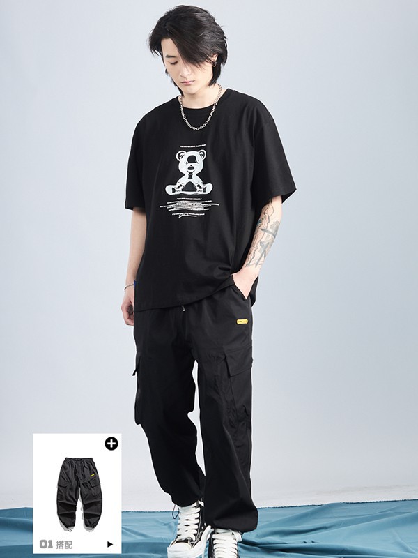 ​FORHUG休闲装2022春夏季黑色印花T恤