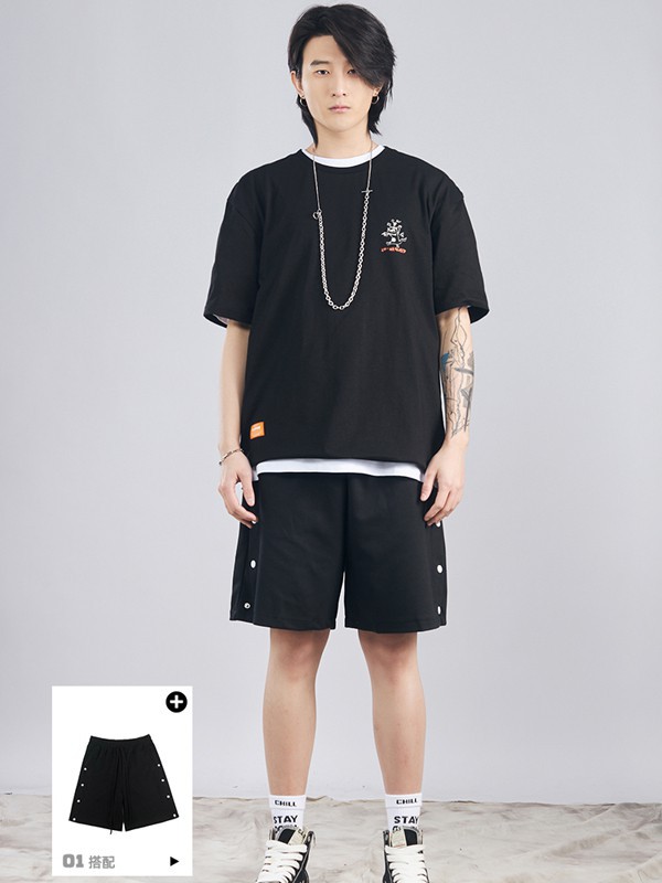 ​FORHUG休闲装2022春夏季黑色印花T恤