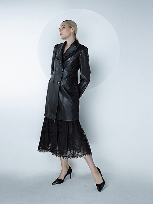 D.MARTINAQUEEN2020秋冬季黑色长款皮衣