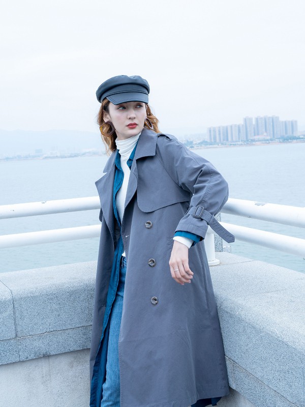 读色女装2021秋冬季灰色纯色风衣