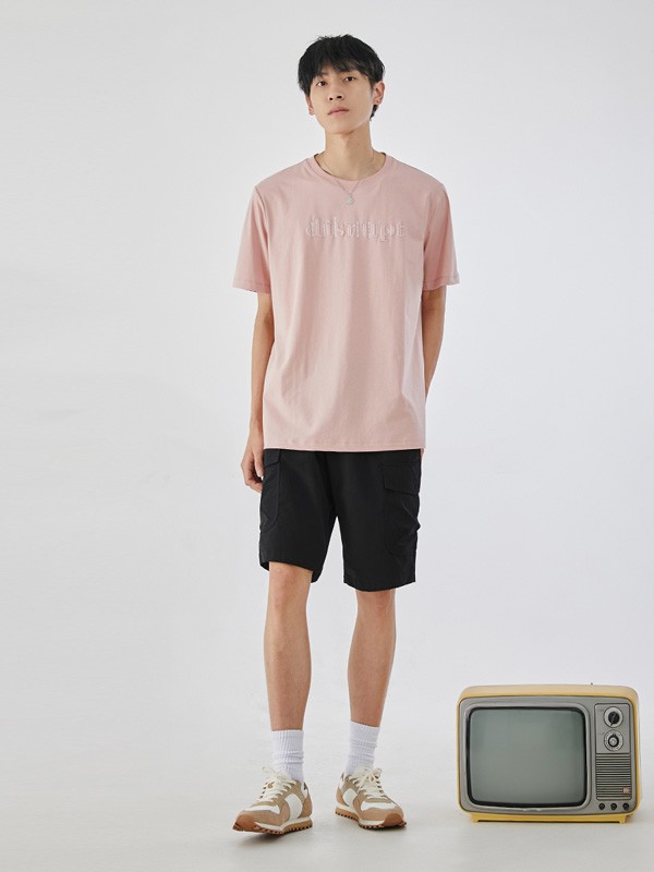 佑禾男装2022春夏季粉色纯色T恤