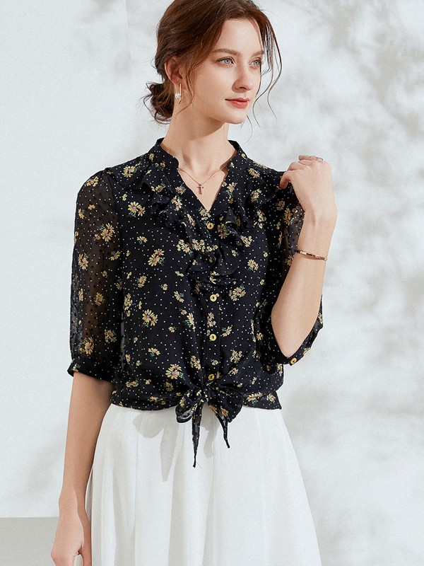 乔妮塔女装2021春夏季黑色印花雪纺衫