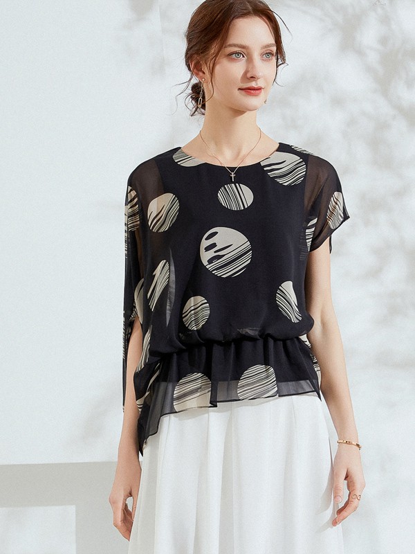 乔妮塔女装2022春夏季黑色印花雪纺衫