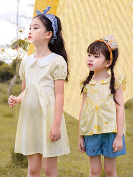 莳季童装2022春夏季黄色泡泡袖连衣裙