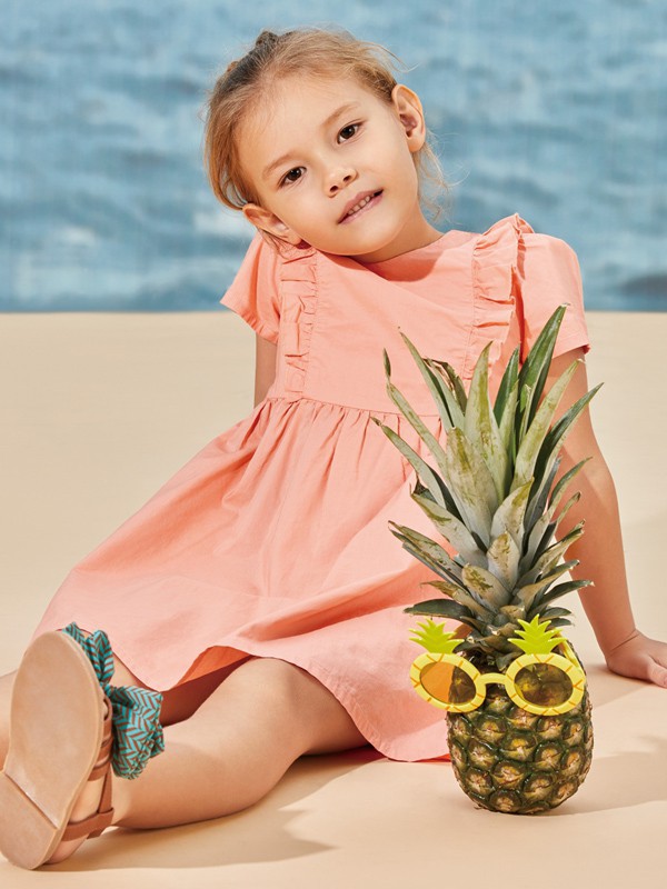 卓儿童装2022春夏季粉色纯色连衣裙