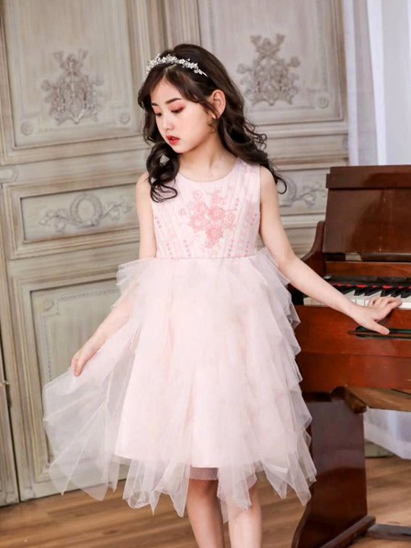 咔士尼童装2022春夏季粉色纱网连衣裙