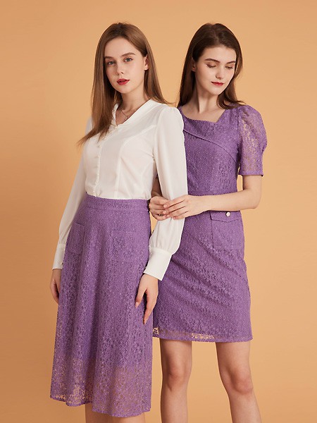 集娴2022春夏季紫色蕾丝连衣裙