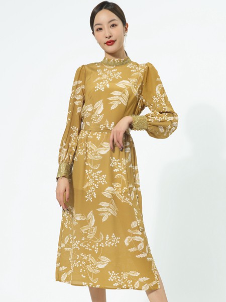 靖选2022春夏季黄色印花连衣裙
