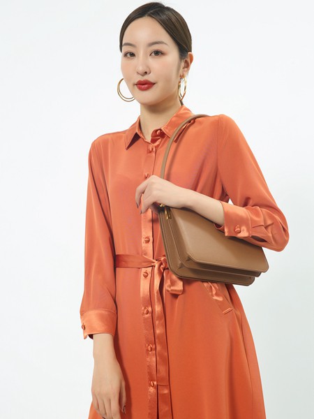 靖选2022春夏季橙色纯色衬衫裙