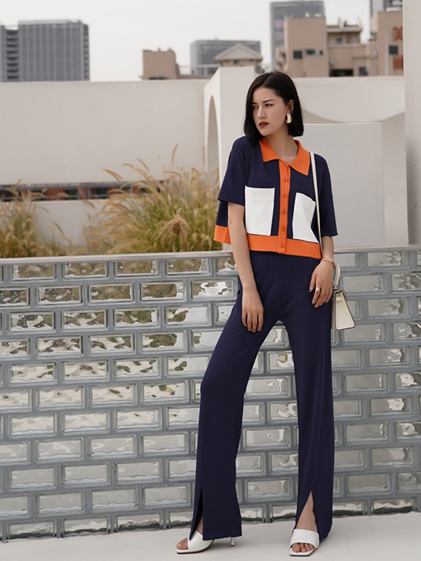 丽茜女装2022春夏季藏蓝色开叉长裤