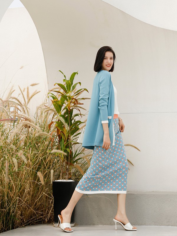 丽茜女装2022春夏季蓝色格子半身裙