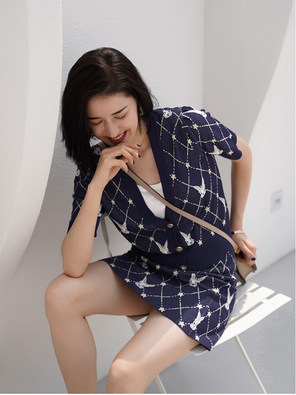 丽茜女装2022春夏季藏蓝色印花连衣裙