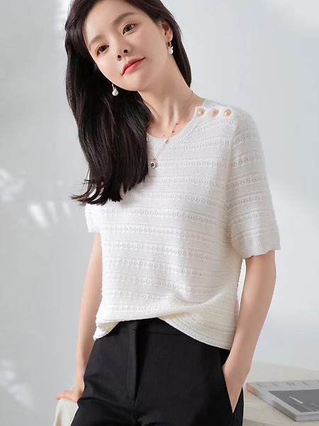 歌米裳女装2022春夏季藏蓝色纯色T恤