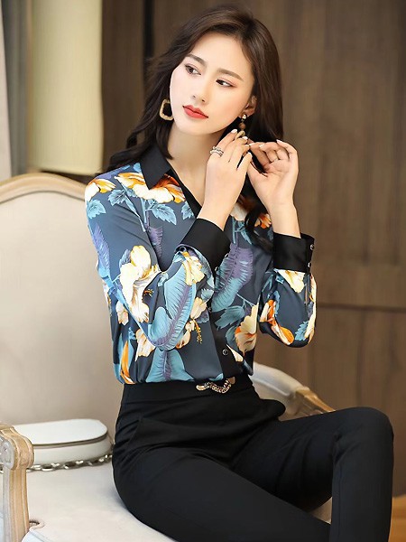 歌米裳女装2022春夏季蓝色印花雪纺衫