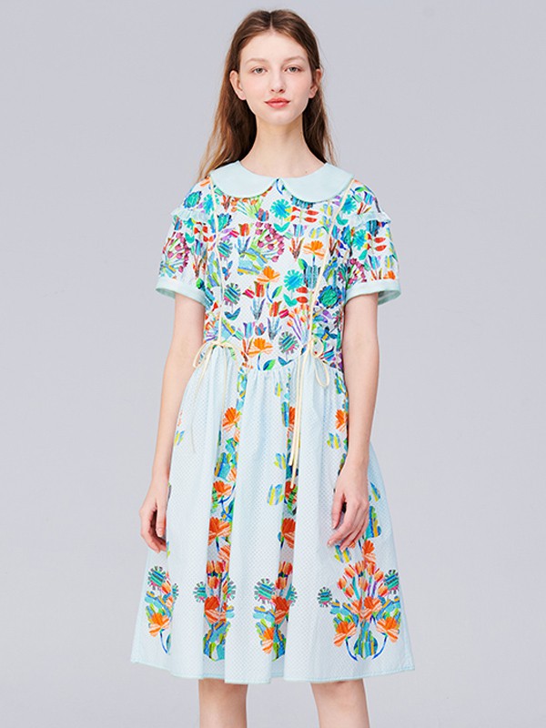 TANNI女装2022春夏季浅蓝色印花连衣裙