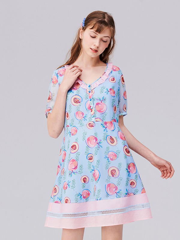 TANNI女装2022春夏季蓝色印花连衣裙