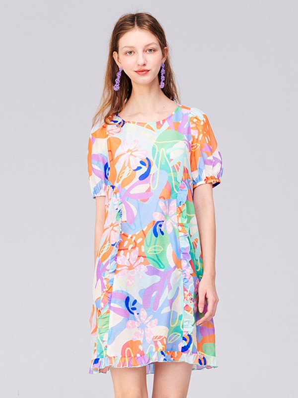 TANNI女装2022春夏季白色印花连衣裙