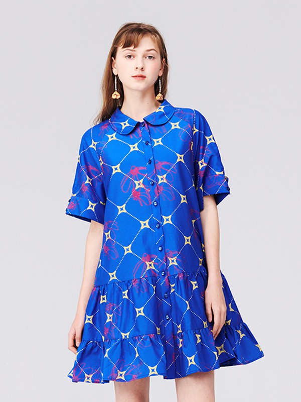 TANNI女装2022春夏季蓝色格子连衣裙