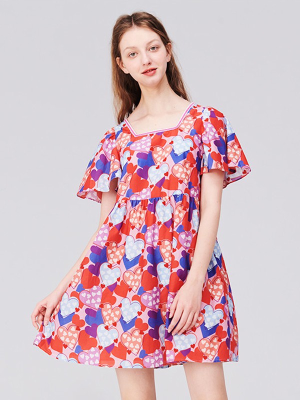 TANNI女装2022春夏季粉色印花连衣裙