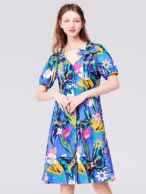 TANNI女装2022春夏季蓝色印花连衣裙