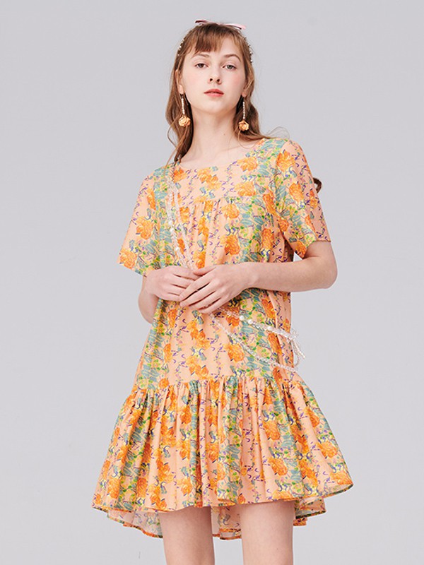 TANNI女装2022春夏季黄色印花连衣裙