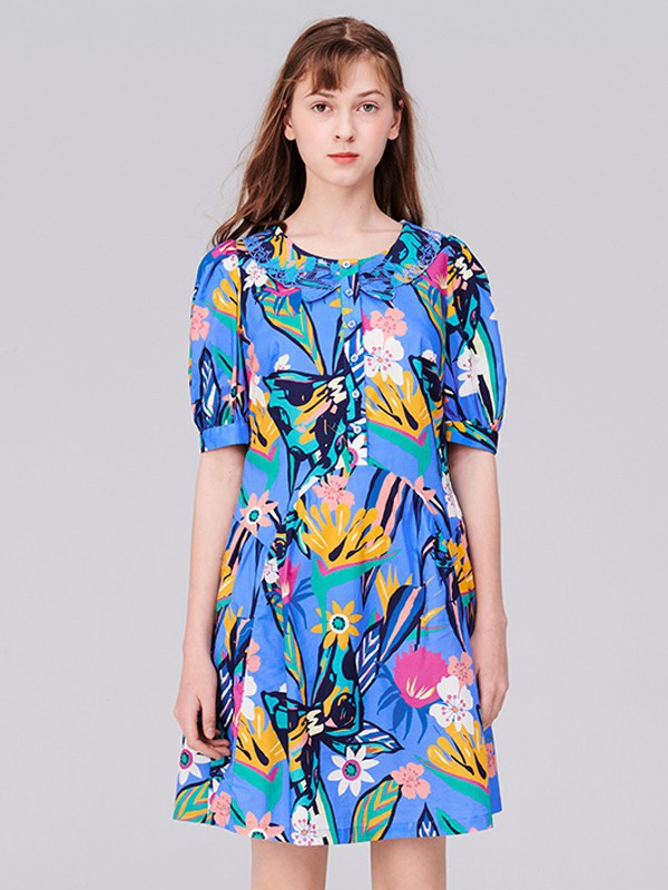 TANNI女装2022春夏季蓝色印花连衣裙