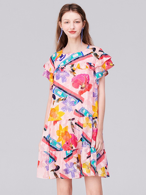 TANNI女装2022春夏季粉色印花连衣裙