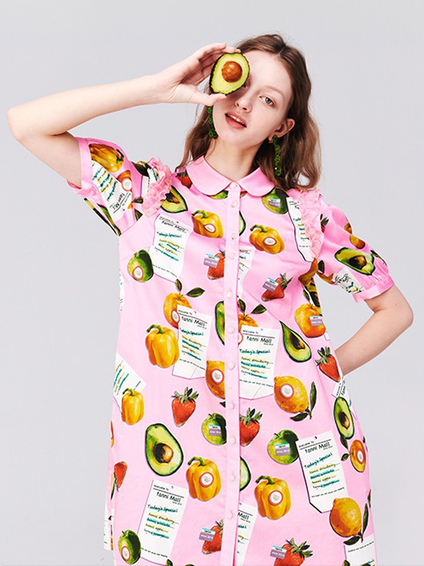 TANNI女装2022春夏季粉色印花衬衫裙