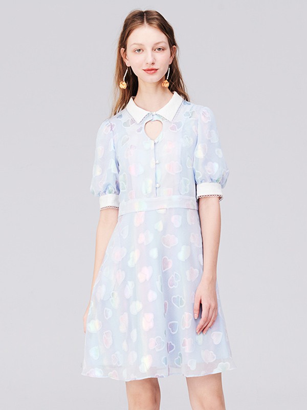 TANNI女装2022春夏季蓝色印花连衣裙