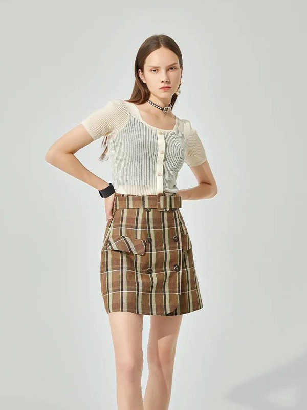 MCClare女装2022春夏季棕色格子短裙