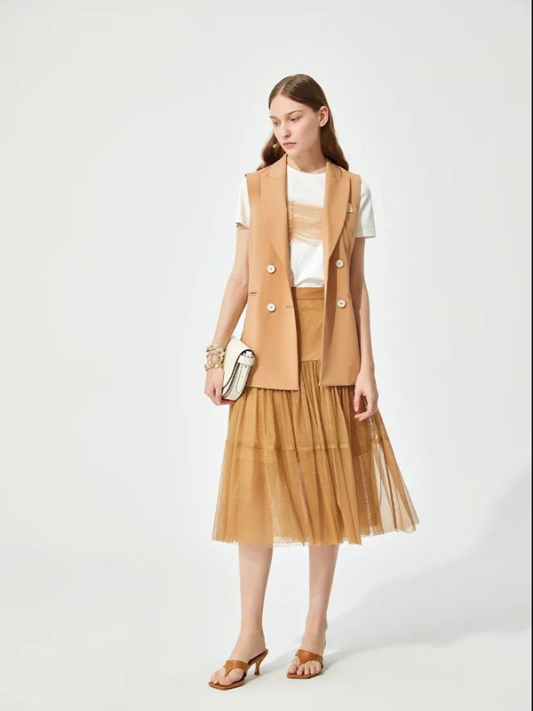 MCClare女装2022春夏季橙色纱网半身裙