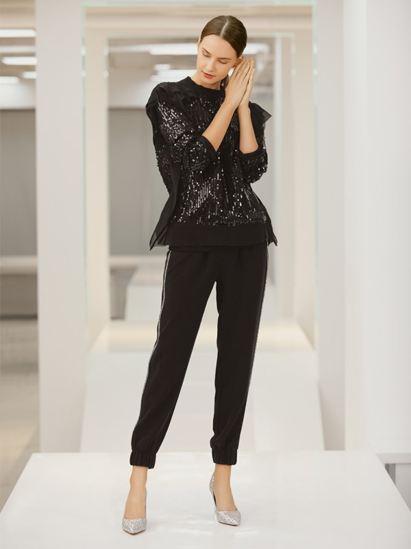 多萝多萝女装2022春夏季黑色纯色长裤