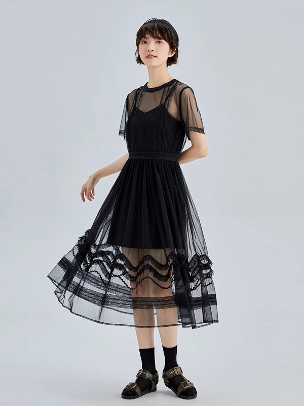 尘埃女装2022春夏季黑色纱网连衣裙
