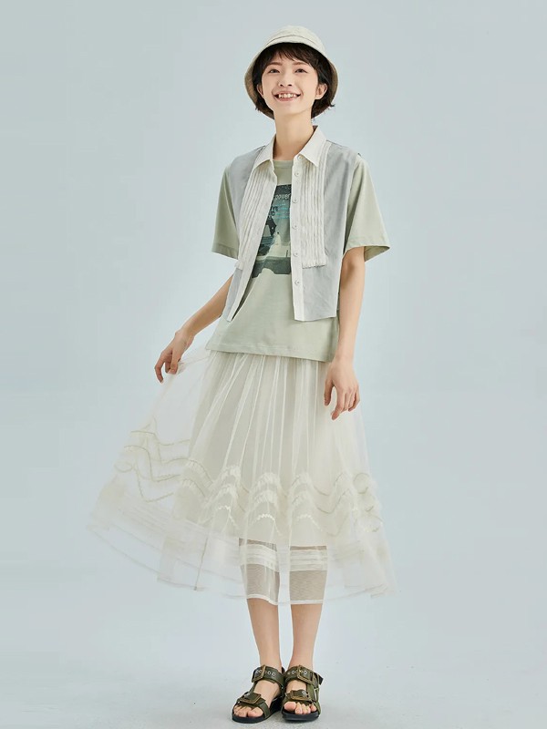 尘埃女装2022春夏季白色纱网半身裙