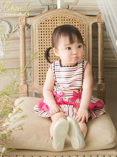 米兰达童装2022春夏季粉色条纹连衣裙