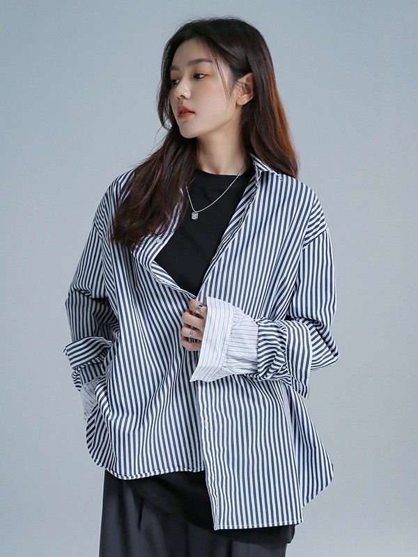 IAZ女装2022春夏季蓝色条纹衬衫