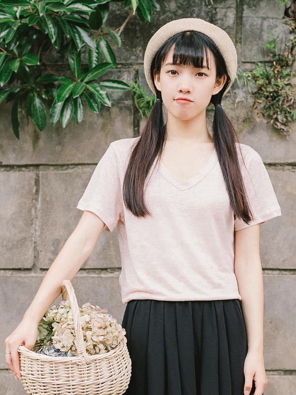 沐沢女装2022春夏季橙色纯色T恤