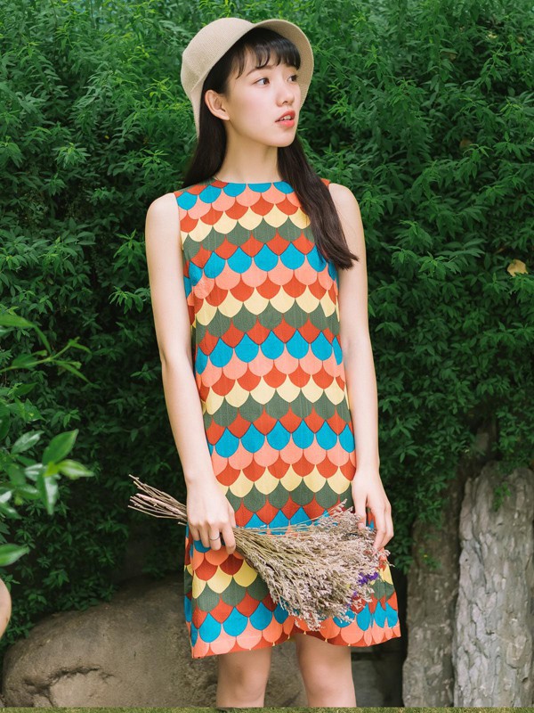 沐沢女装2022春夏季蓝色印花连衣裙