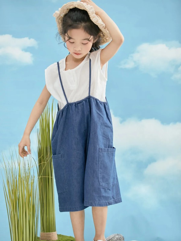 DC童装2022春夏季蓝色宽松背带裙