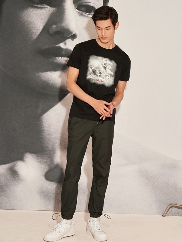 金鲨男装2022春夏季黑色印花T恤