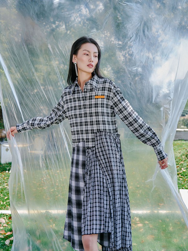 FIFI&LILY女装2022春夏季蓝色格子衬衫裙