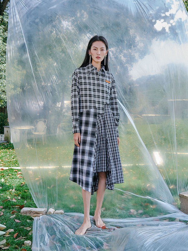 FIFI&LILY女装2022春夏季蓝色格子衬衫裙