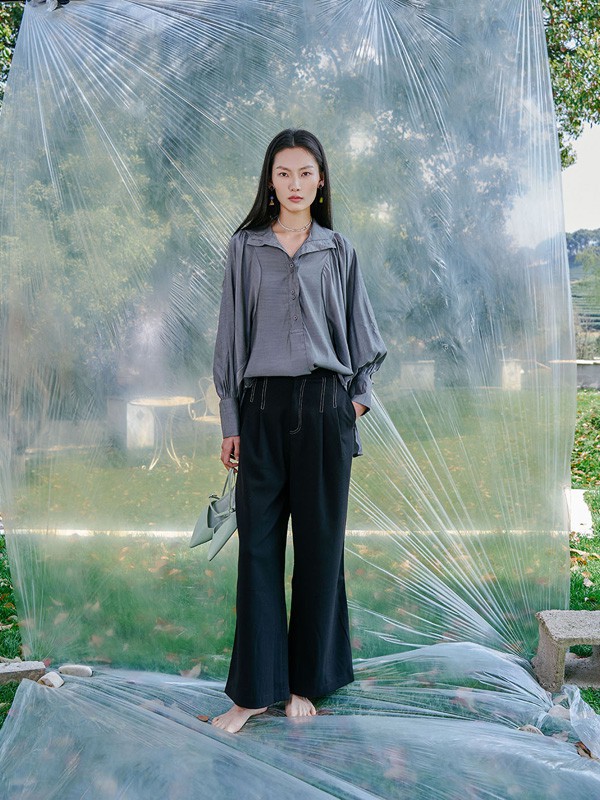 FIFI&LILY女装2022春夏季黑色纯色阔腿裤