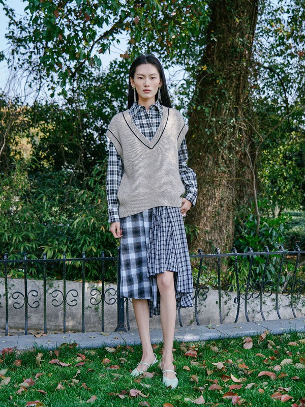 FIFI&LILY女装2022春夏季蓝色格子衬衫裙