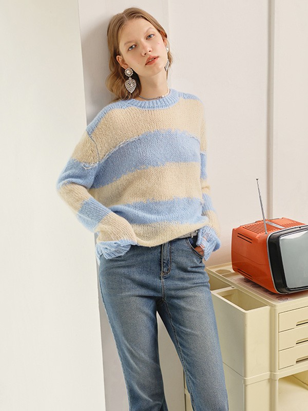 摩萨克女装2021秋冬季蓝色撞色针织衫