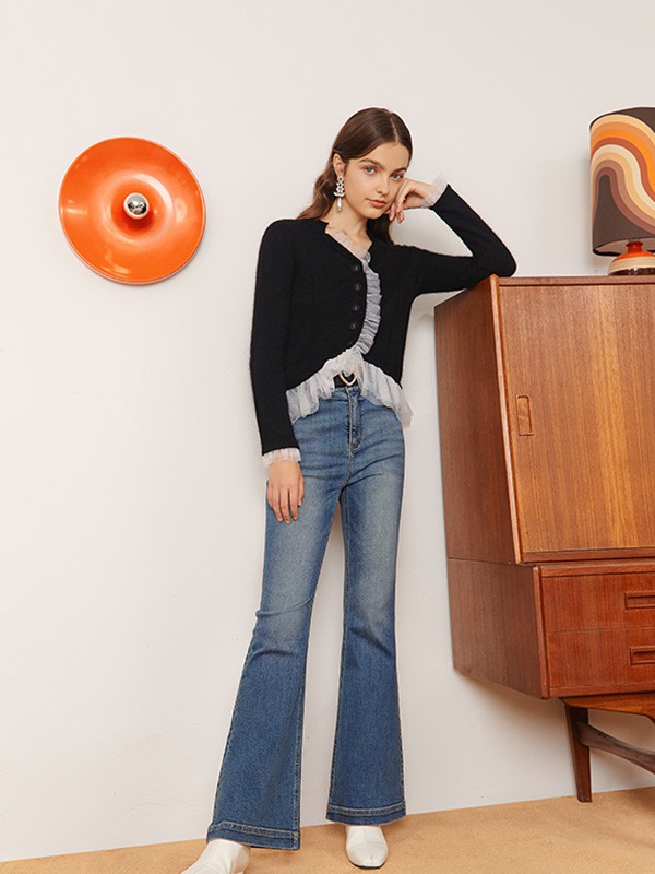 摩萨克女装2021秋冬季藏蓝色纯色喇叭裤